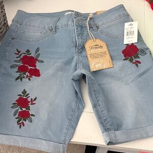 YMI Light Blue Jean Shorts with Red Floral Design